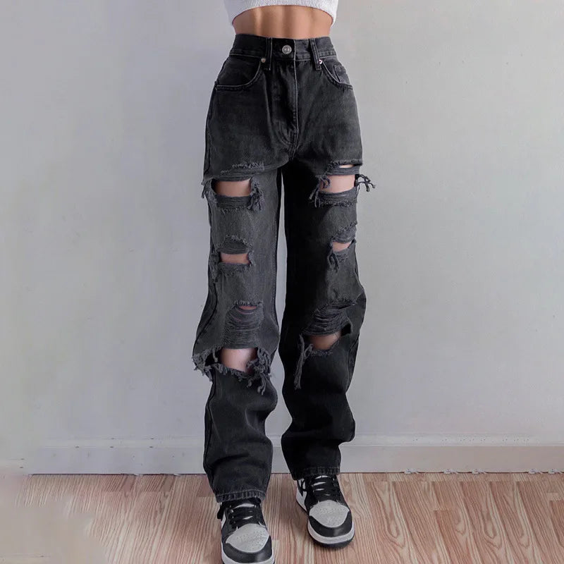 Calça Feminina Jeans Reta Rasgada com Cintura Média e Conforto para Primavera e Verão