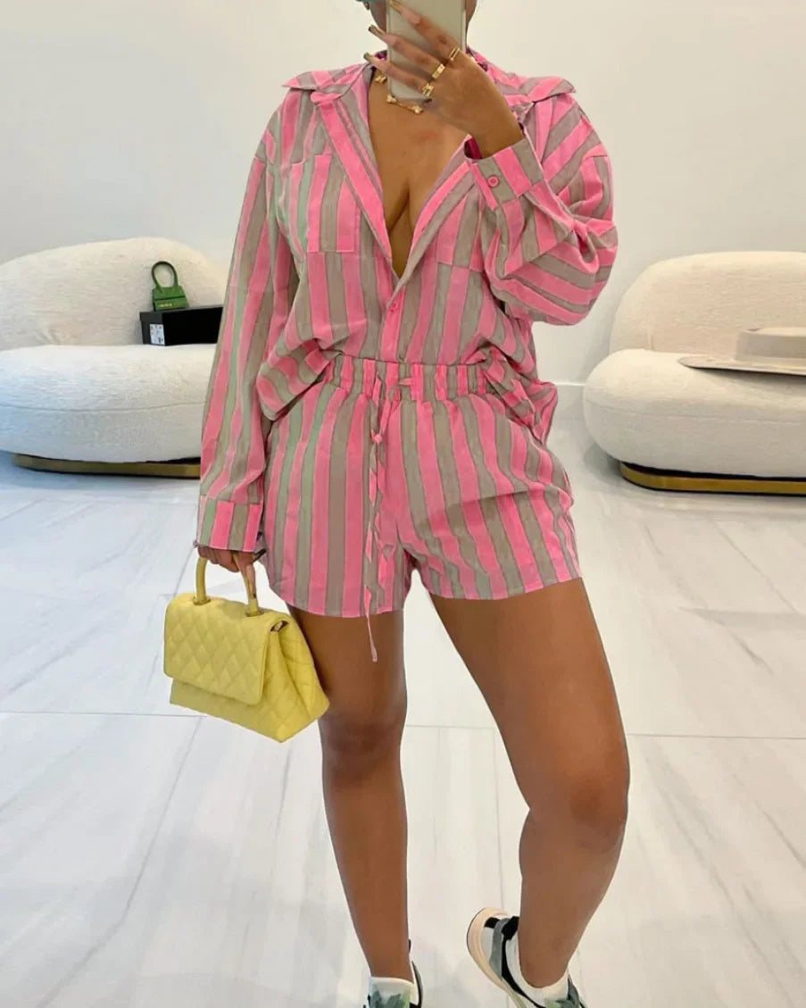 Onnat Glow Conjunto Feminino Listrado | Camisa + Shorts Soltos Estilo Chic