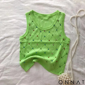 Colorful Rhinestone Knitted Tank Top Casual Crew Neck Sleeveless Tank Top For Summer Women’s Clothing Crop Top Camis