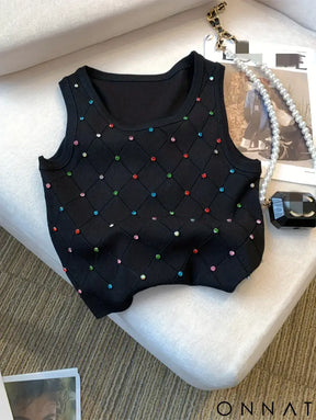 Colorful Rhinestone Knitted Tank Top Casual Crew Neck Sleeveless Tank Top For Summer Women’s Clothing Crop Top Camis