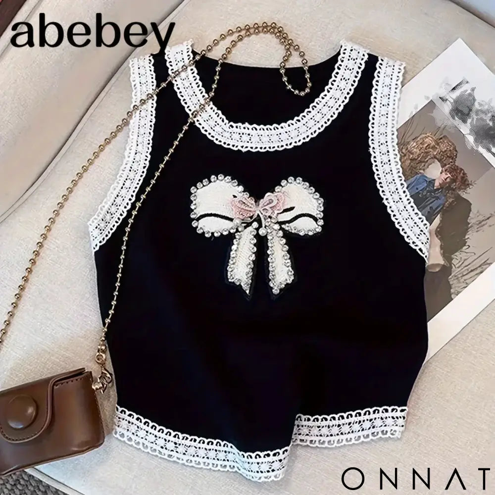 2024 New Beading Contrast Lace Rhinestone Bow Print Tank Top Elastic Casual Sleeveless Crew Neck Top Women’s Clothing