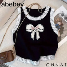 2024 New Beading Contrast Lace Rhinestone Bow Print Tank Top Elastic Casual Sleeveless Crew Neck Top Women’s Clothing