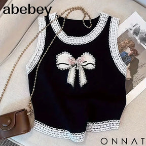 2024 New Beading Contrast Lace Rhinestone Bow Print Tank Top Elastic Casual Sleeveless Crew Neck Top Women’s Clothing