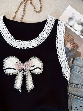 2024 New Beading Contrast Lace Rhinestone Bow Print Tank Top Elastic Casual Sleeveless Crew Neck Top Women’s Clothing