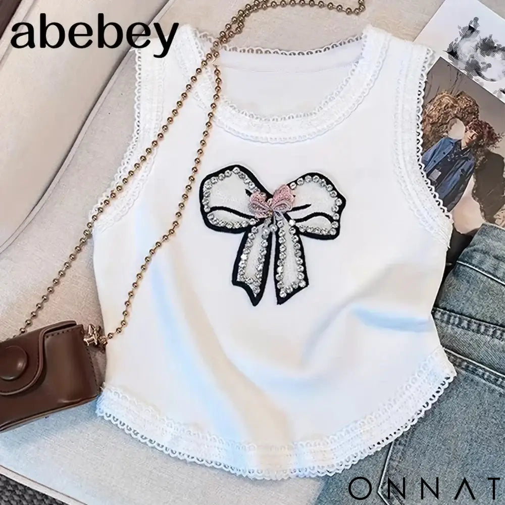 2024 New Beading Contrast Lace Rhinestone Bow Print Tank Top Elastic Casual Sleeveless Crew Neck Top Women’s Clothing