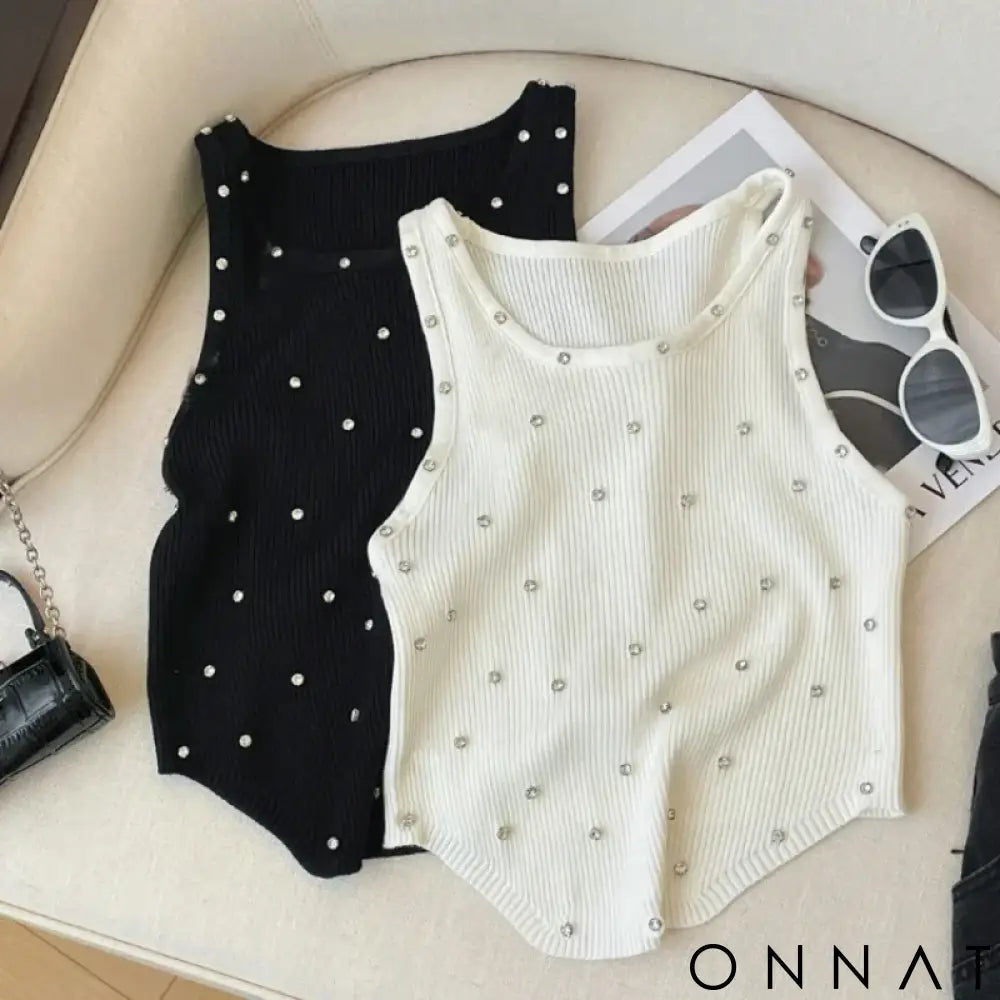 2024 New Rhinestone Knitted Tank Top White Crew Neck Sleeveless Tank Top For Summer Women’s Clothing Crop Top Camis
