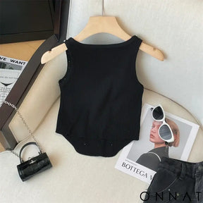 2024 New Rhinestone Knitted Tank Top White Crew Neck Sleeveless Tank Top For Summer Women’s Clothing Crop Top Camis