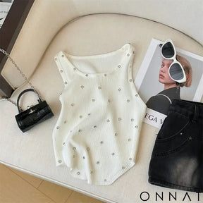 2024 New Rhinestone Knitted Tank Top White Crew Neck Sleeveless Tank Top For Summer Women’s Clothing Crop Top Camis