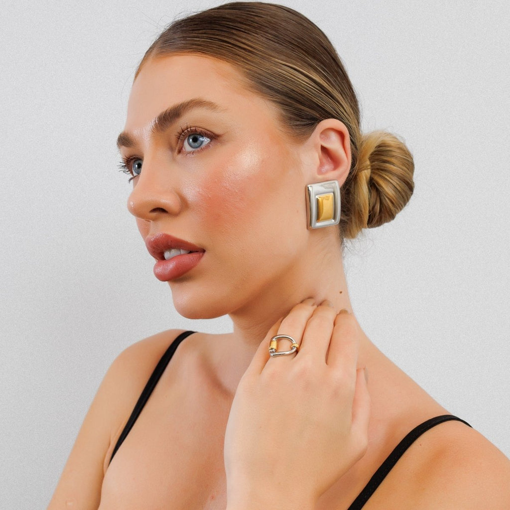 Anel Elo Duo Ajustável com Mix de Banhos Dourado e Prata