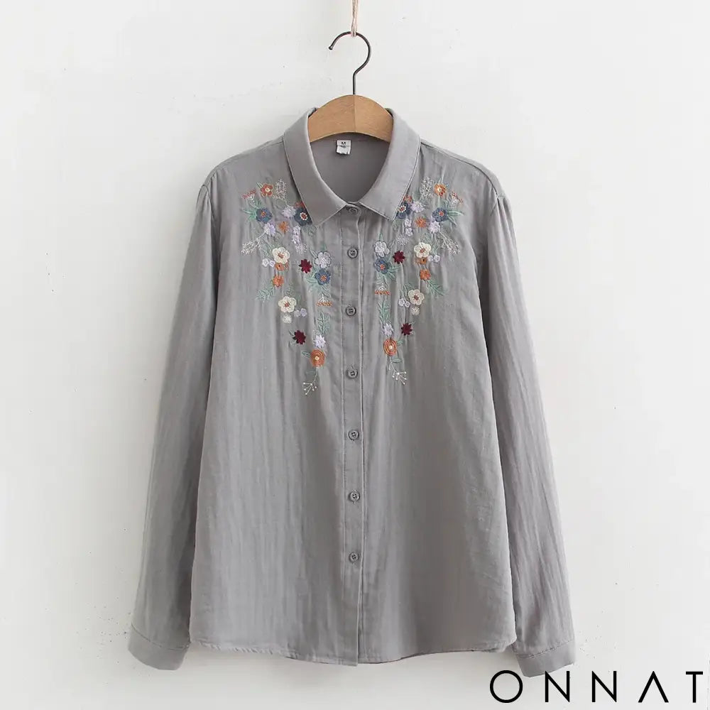 🌺 Camisa Aurora Bordada – 100% Algodão 🌺 Gray / M Tops