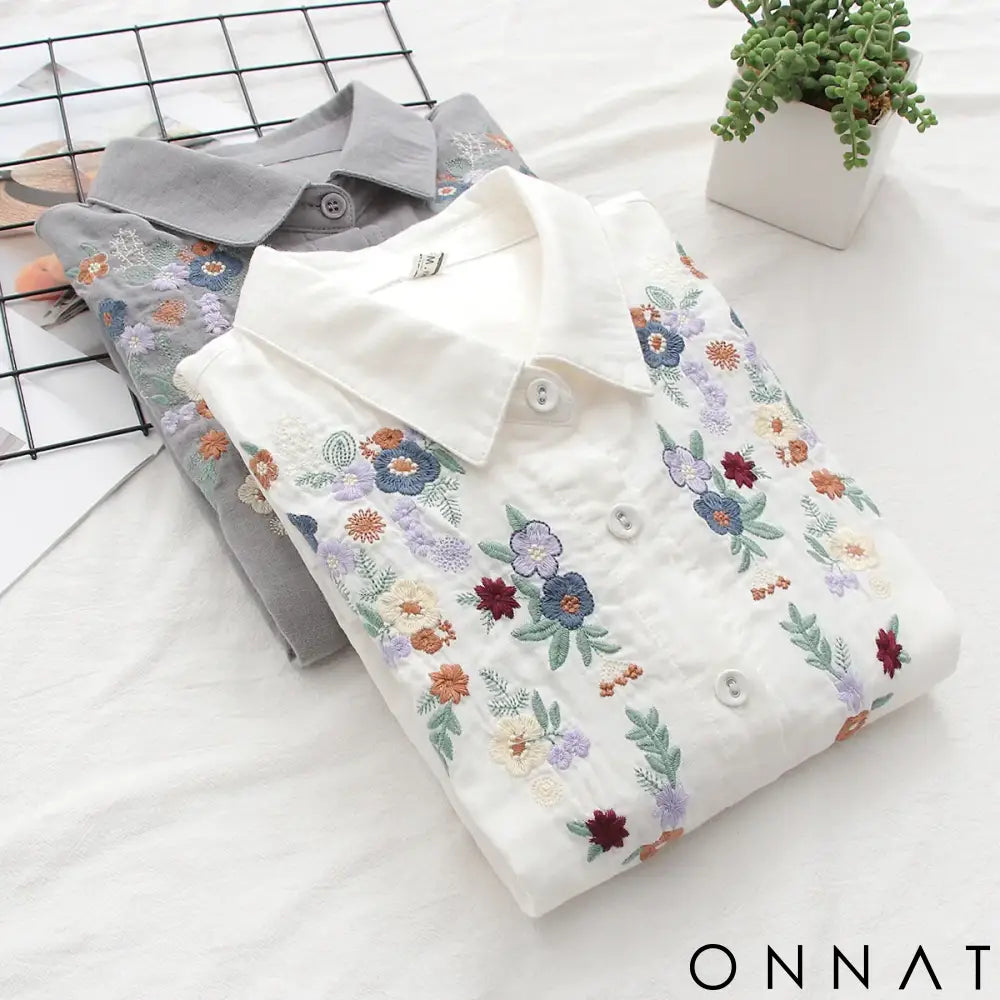 🌺 Camisa Aurora Bordada – 100% Algodão 🌺 Tops