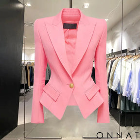 Baby Pink Peak Lapel Gold Button Blazer