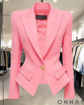 Baby Pink Peak Lapel Gold Button Blazer