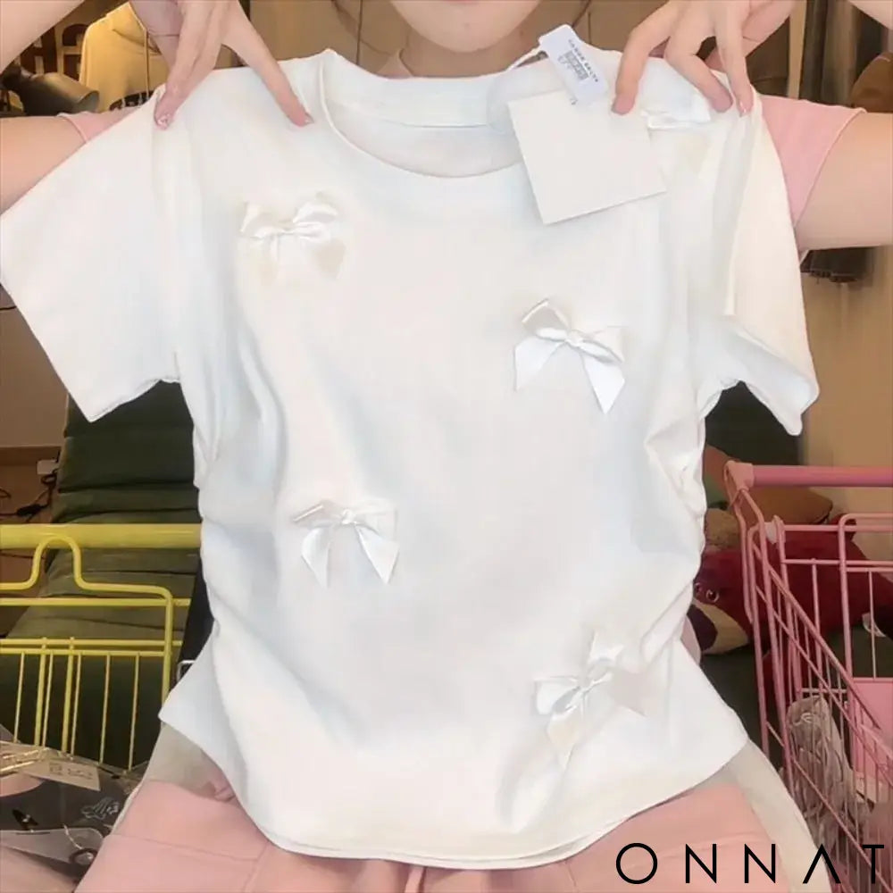Elegant Ballet Bowknot T Shirts Round Collar Japanese Style Women Top Solid Color Short Sleeve Ribbon Crop Tank Top