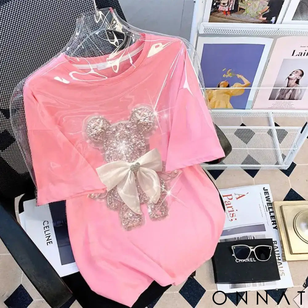 Extra Large Plus Size Women’s Clothing Shiny Bowknot Bear T-shirt Heavy Industry Technology Diamond Inlay Korean T