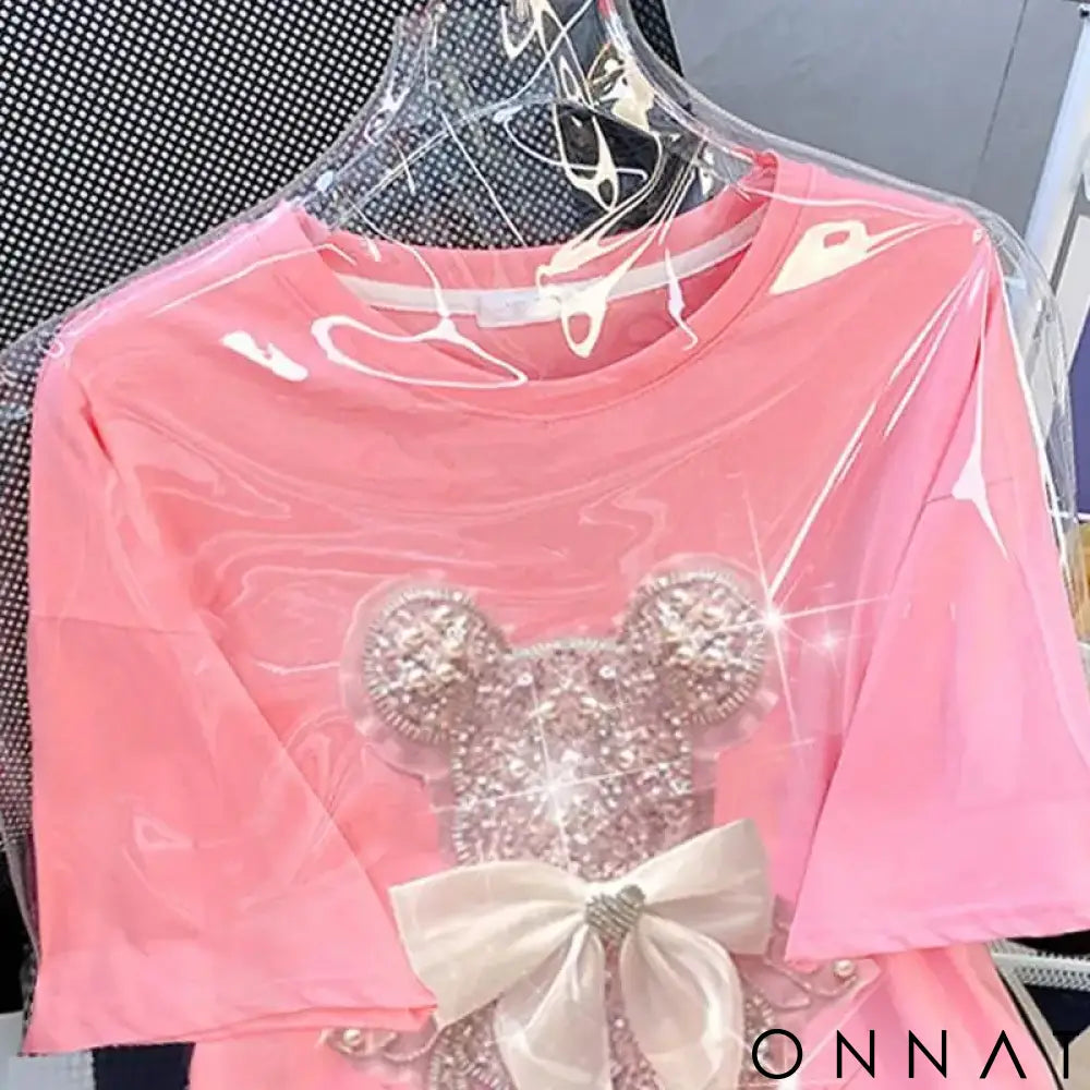Extra Large Plus Size Women’s Clothing Shiny Bowknot Bear T-shirt Heavy Industry Technology Diamond Inlay Korean T Shirt