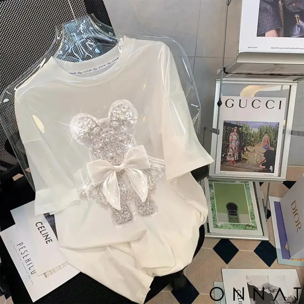 Extra Large Plus Size Women’s Clothing Shiny Bowknot Bear T-shirt Heavy Industry Technology Diamond Inlay Korean T