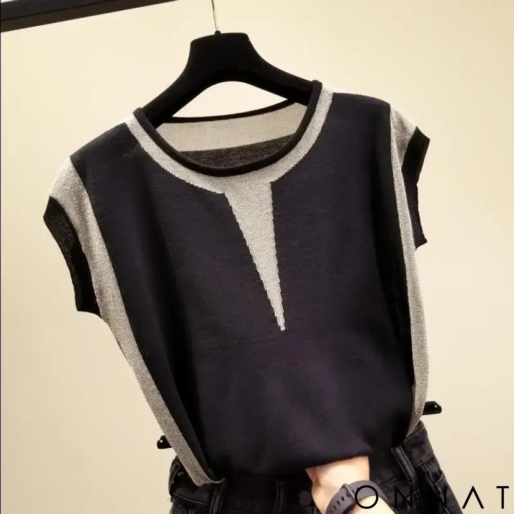 Summer Women Knitted T Shirt Patchwork Short Sleeve Tees Contrast Color Top Korean Fashion Womens Clothing 2024 Tee