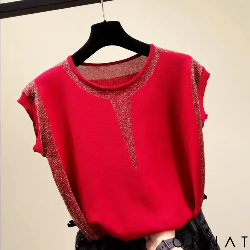 Summer Women Knitted T Shirt Patchwork Short Sleeve Tees Contrast Color Top Korean Fashion Womens Clothing 2024 Tee