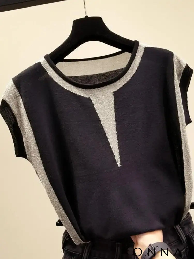 Summer Women Knitted T Shirt Patchwork Short Sleeve Tees Contrast Color Top Korean Fashion Womens Clothing 2024 Tee