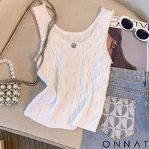 Female 2024 New Beading Lingge Small Fragrant Knitted Tank Top Outwear Strap Camisole Instagram Fashion Top White / S
