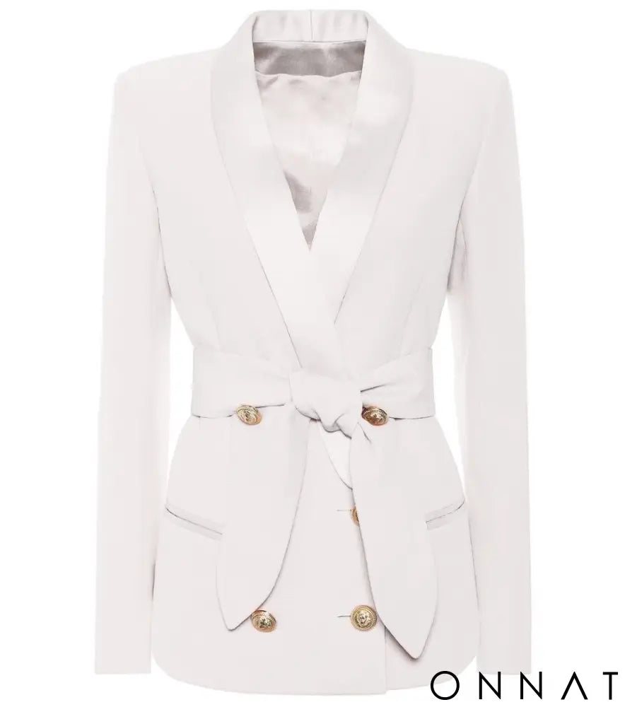 Belted Double Breasted Gold Button Blazer (Black & White) White / S