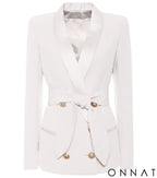 Belted Double Breasted Gold Button Blazer (Black & White) White / S