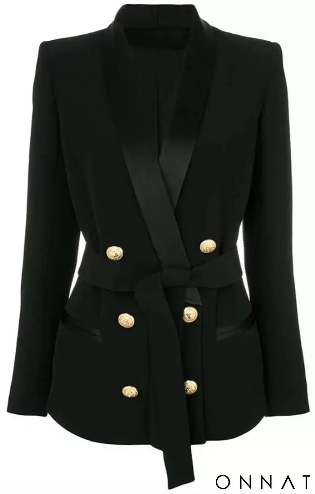 Belted Double Breasted Gold Button Blazer (Black & White) Black / S