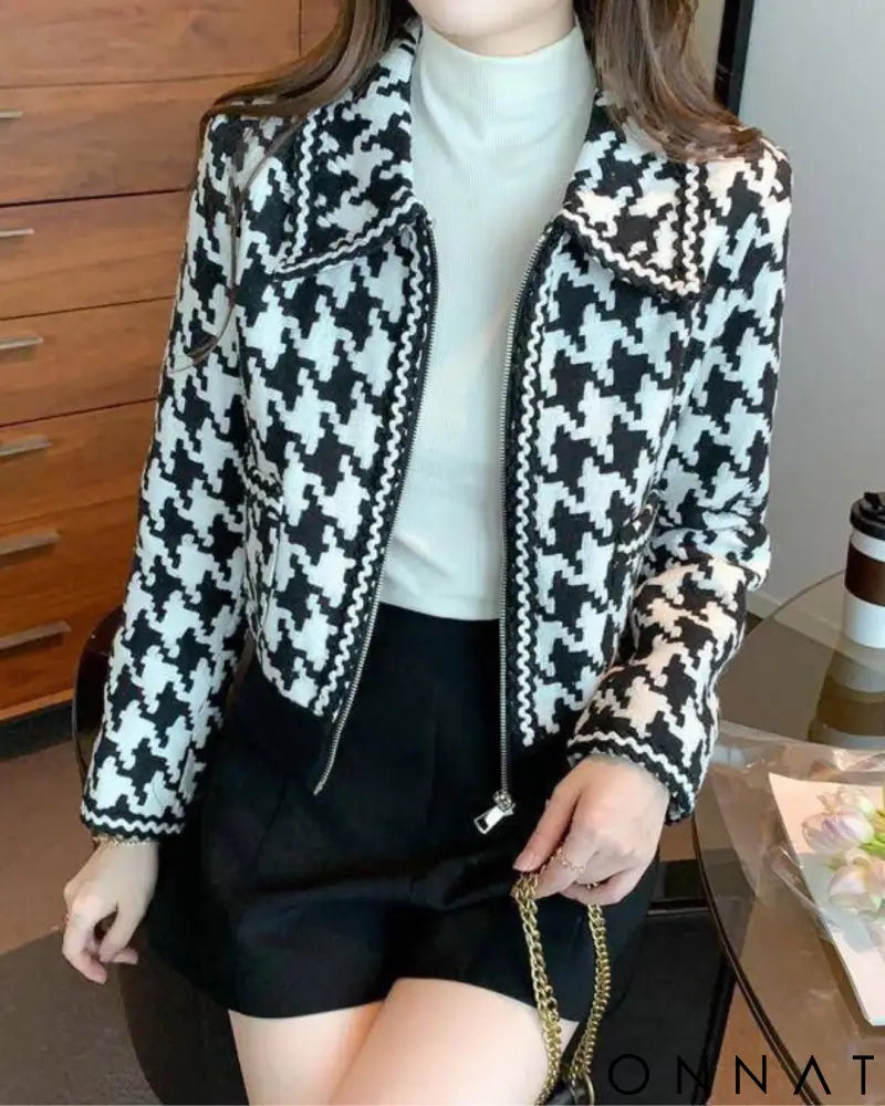 Black And White Houndstooth Tweed Jacket