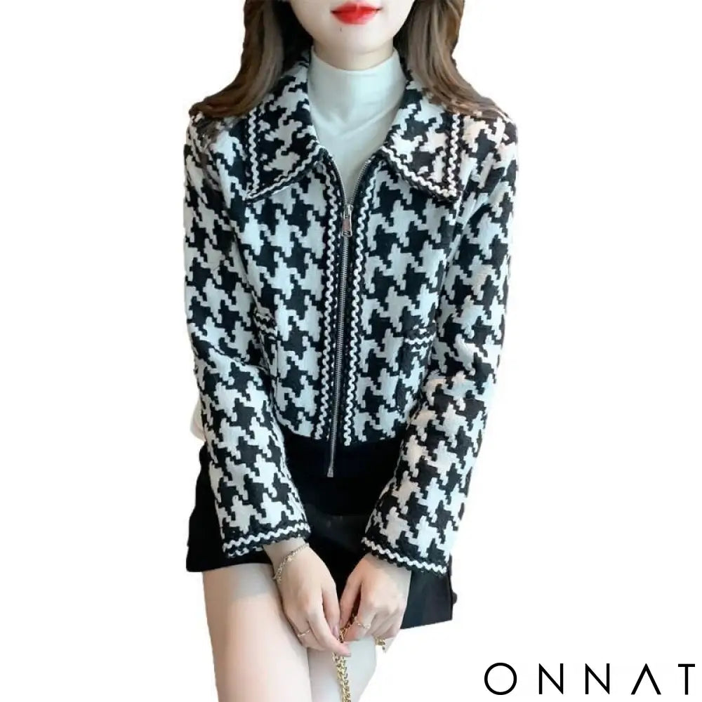 Black And White Houndstooth Tweed Jacket