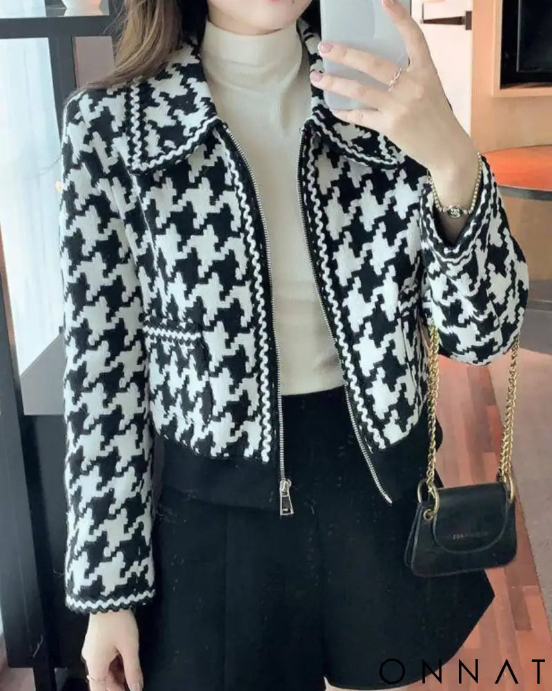 Black And White Houndstooth Tweed Jacket