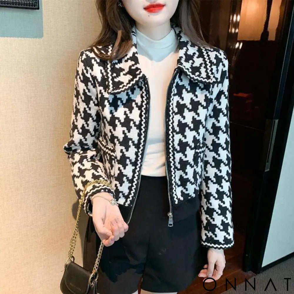 Black And White Houndstooth Tweed Jacket