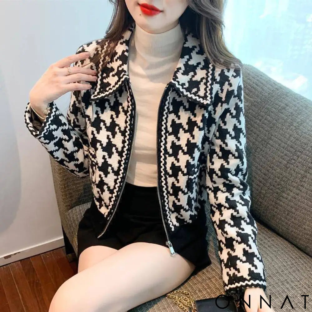 Black And White Houndstooth Tweed Jacket