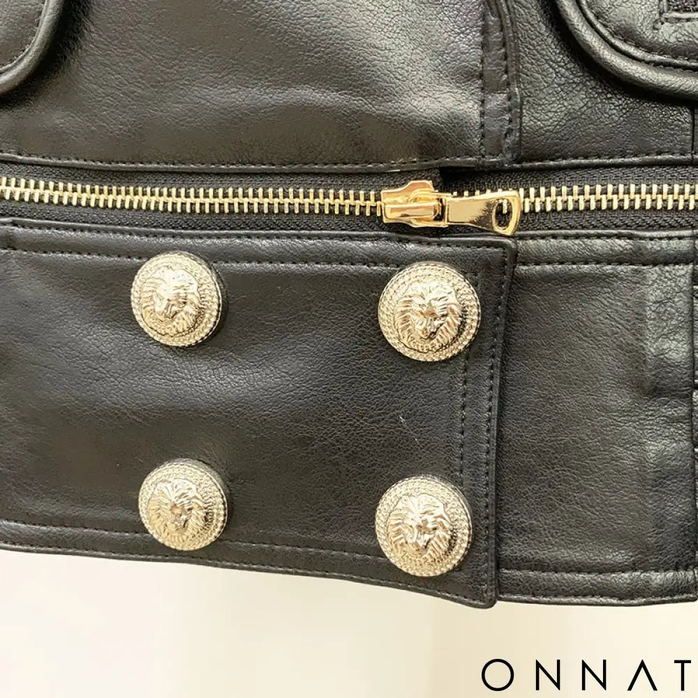 Black Detachable Leather Gold Button Biker Jacket