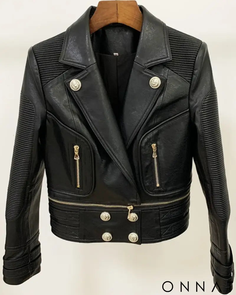 Black Detachable Leather Gold Button Biker Jacket