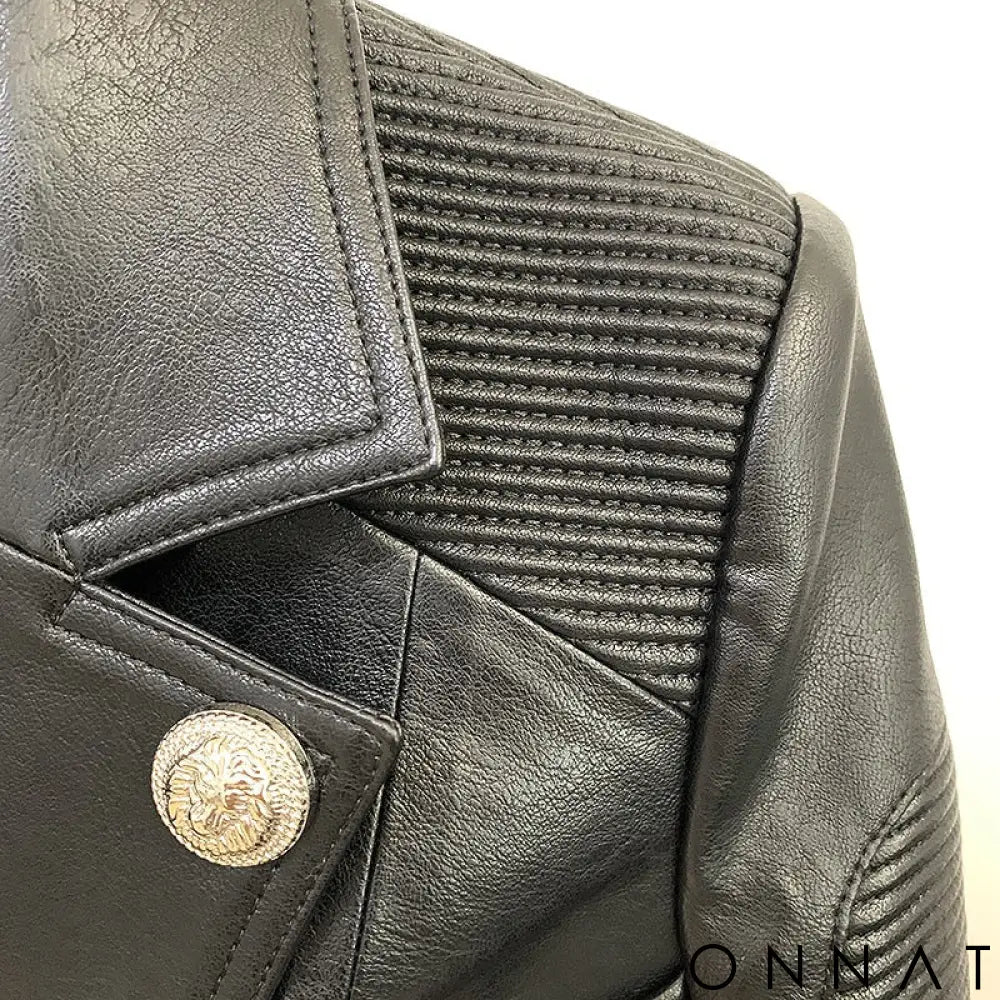 Black Detachable Leather Gold Button Biker Jacket