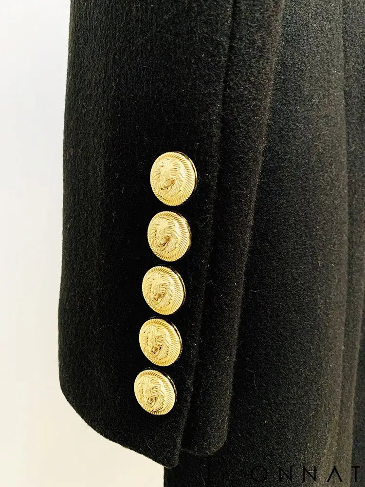 Black Double Breasted Gold Button Wool Coat