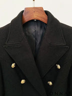 Black Double Breasted Gold Button Wool Coat