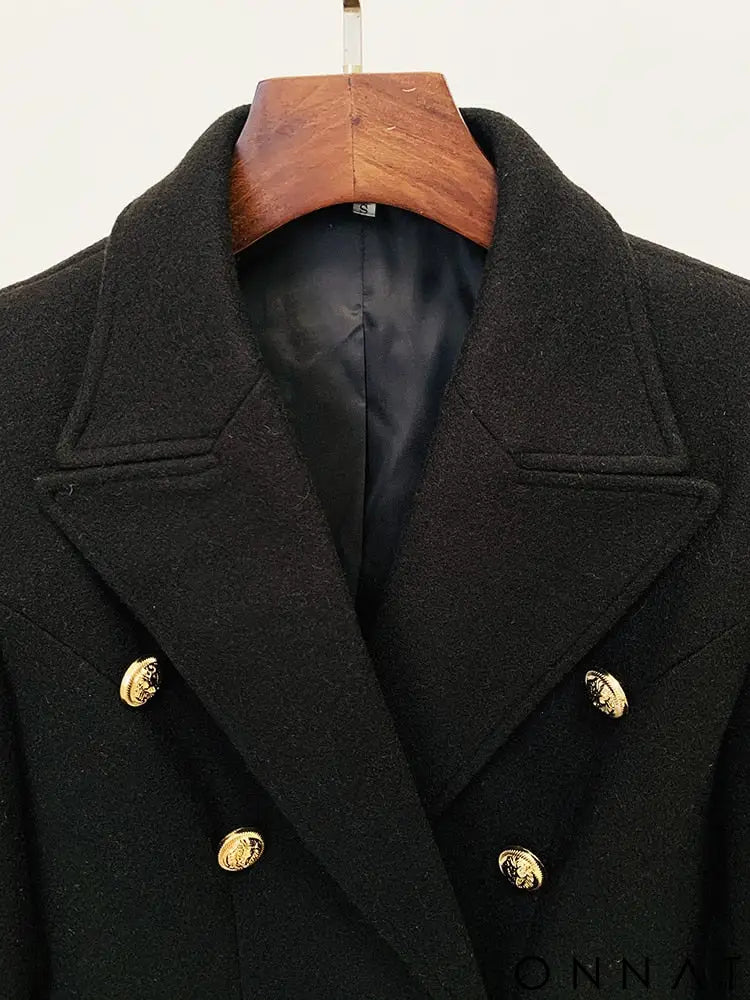 Black Double Breasted Gold Button Wool Coat