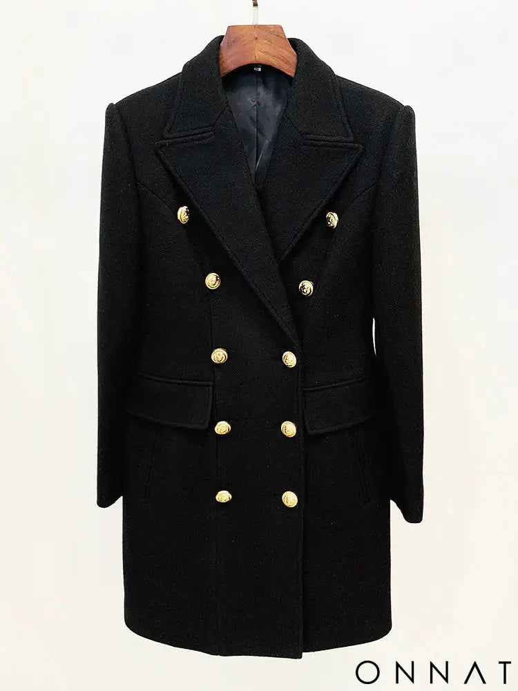Black Double Breasted Gold Button Wool Coat
