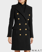 Black Double Breasted Gold Button Wool Coat