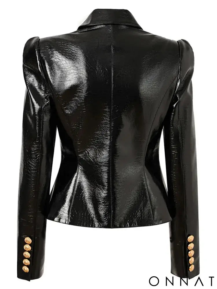 Black Embossed Croc Leather Gold Button Blazer
