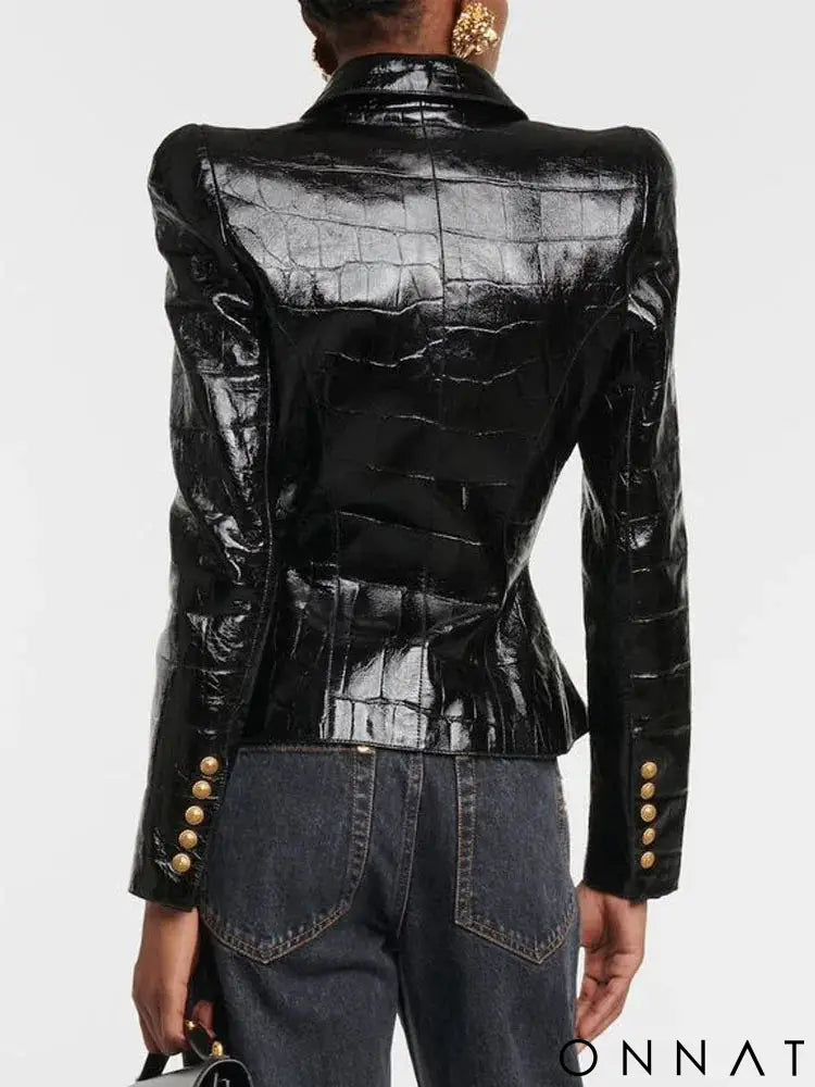 Black Embossed Croc Leather Gold Button Blazer