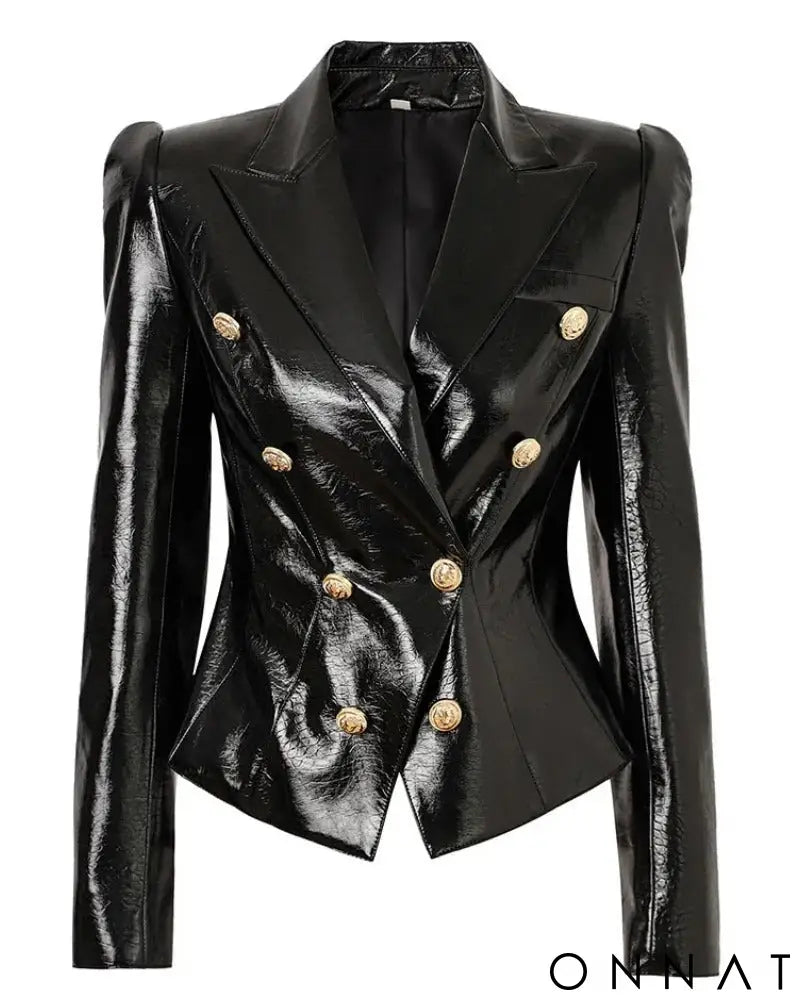 Black Embossed Croc Leather Gold Button Blazer