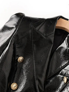 Black Embossed Croc Leather Gold Button Blazer