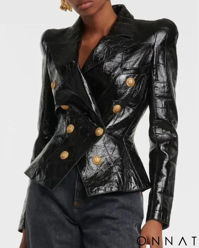 Black Embossed Croc Leather Gold Button Blazer Black / S