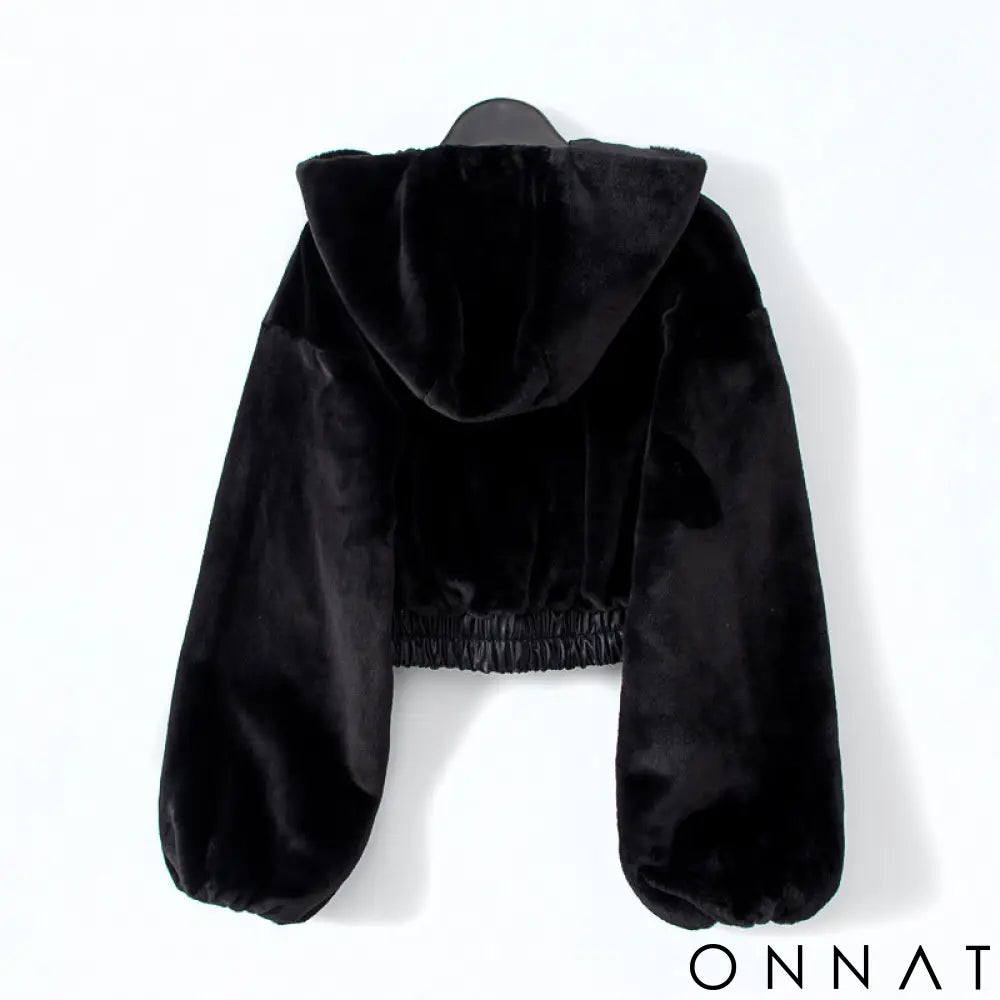 Black Hooded Faux Fox Fur Bomber Jacket
