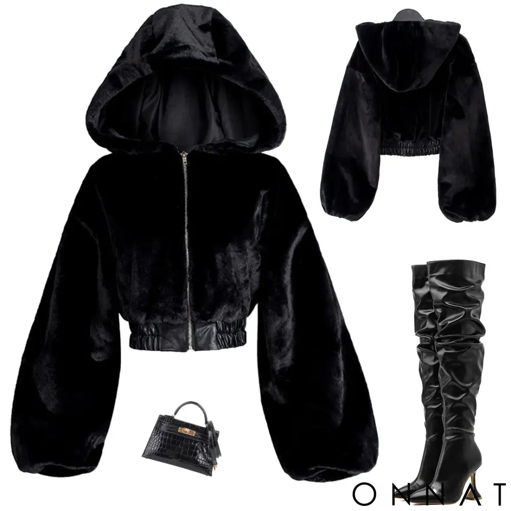 Black Hooded Faux Fox Fur Bomber Jacket