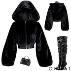 Black Hooded Faux Fox Fur Bomber Jacket