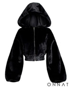 Black Hooded Faux Fox Fur Bomber Jacket Black / S
